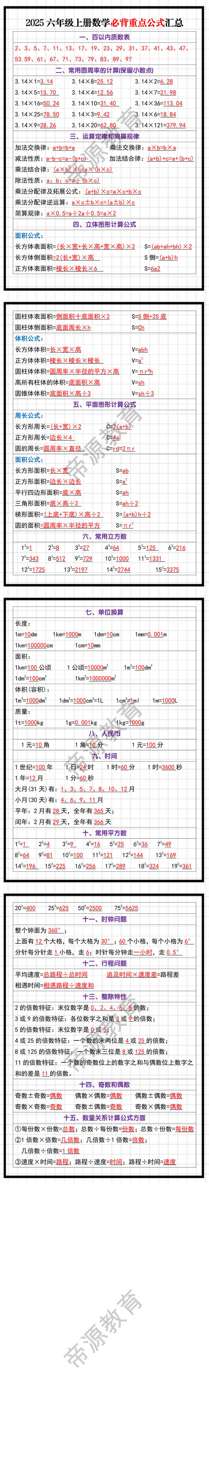 2025六年级上册数学必背重点公式汇总
