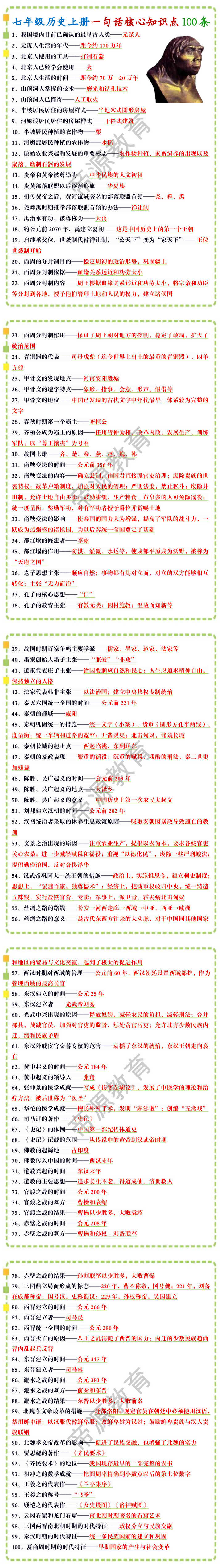 七年级历史上册一句话核心知识点100条