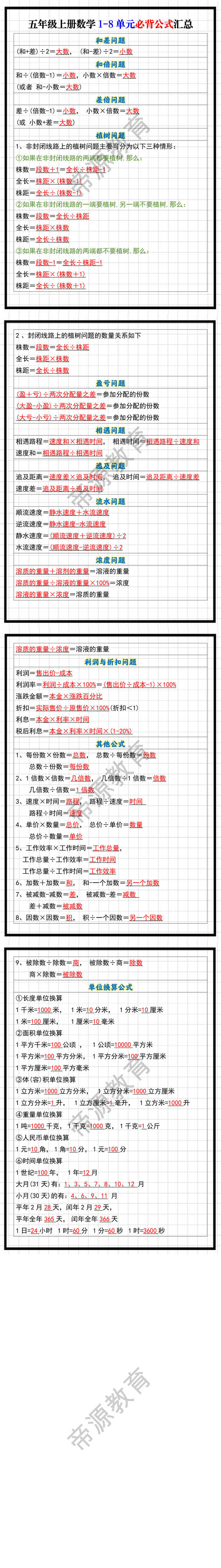 五年级上册数学1-8单元必背公式汇总