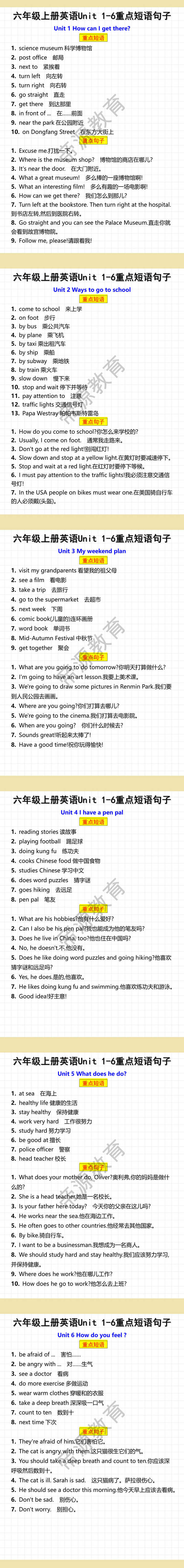 六年级上册英语1-6单元重点短语句子