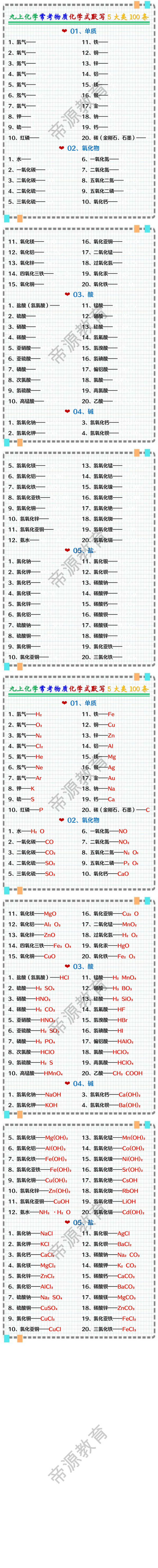 九上化学常考物质化学式默写5大类100条