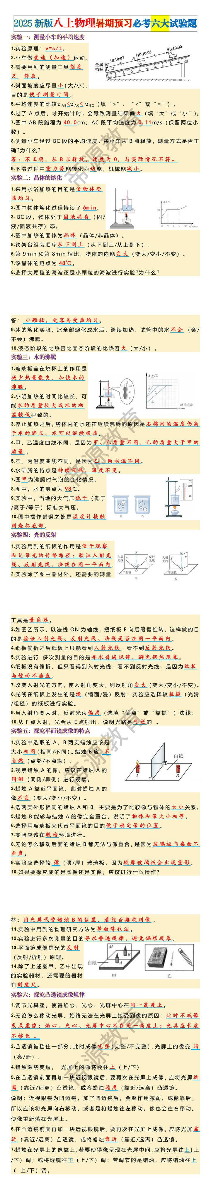 2025新版八上物理暑期预习必考六大试验题