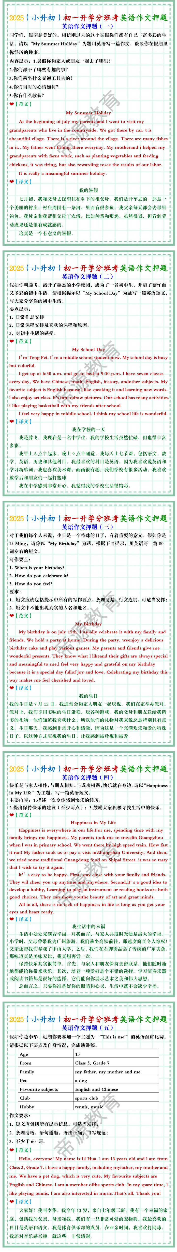 2025（小升初）初一开学分班考英语作文押题