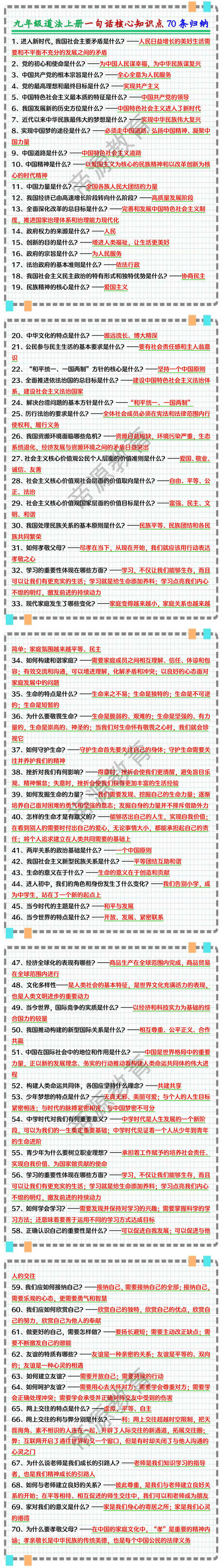 九年级道法上册一句话核心知识点70条归纳