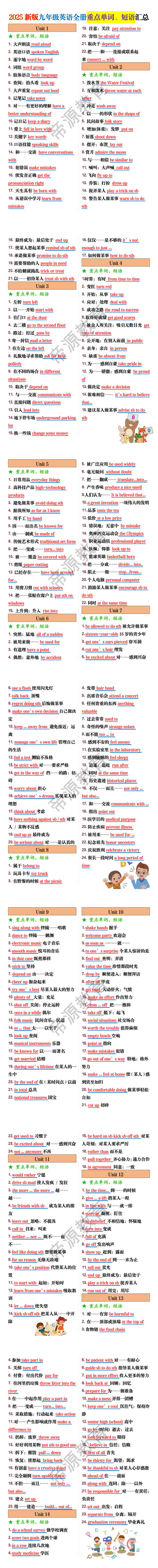2025新版九年级英语全册重点单词、短语汇总