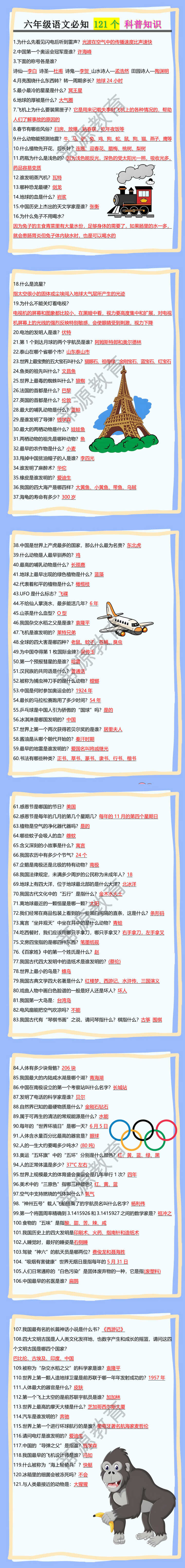 六年级语文必知 121个 科普知识