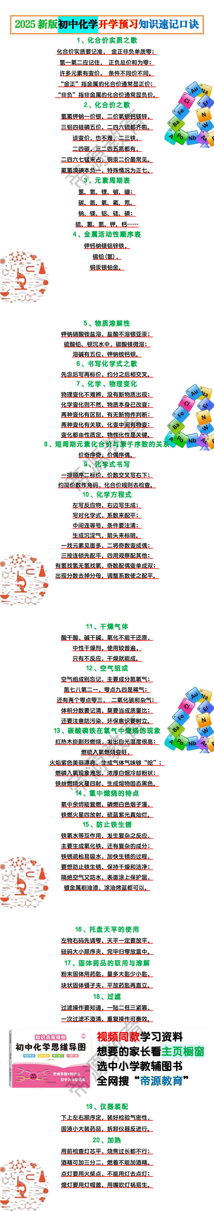 2025新版初中化学开学预习知识速记口诀