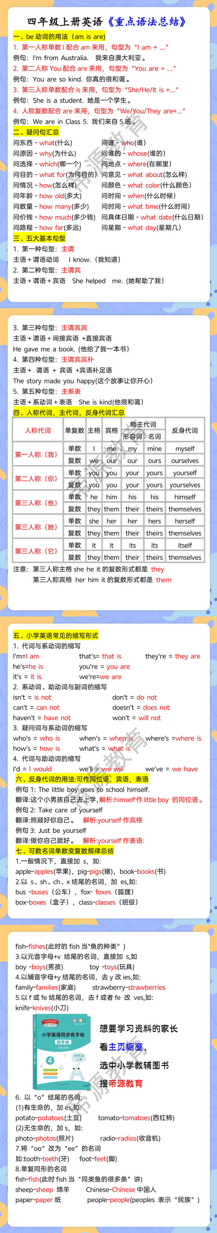 四年级上册英语《重点语法总结》
