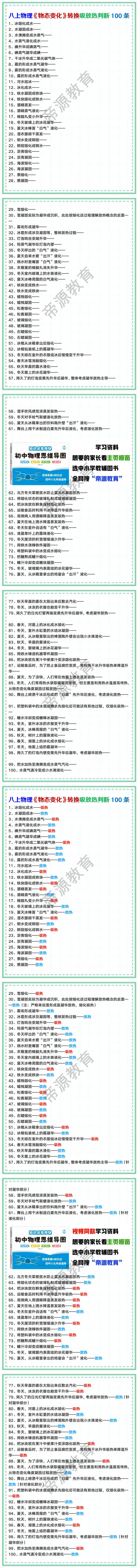 八上物理《物态变化》转换吸放热判断100条
