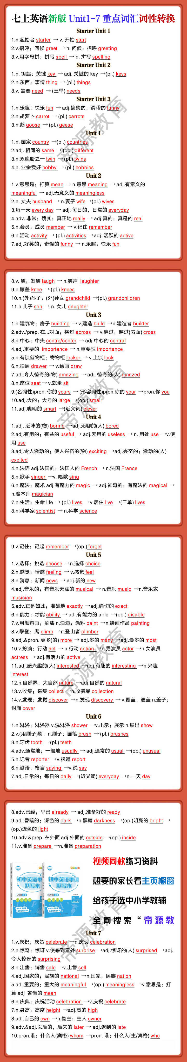 七年级上册英语新版Unit1-7重点词汇词性转换