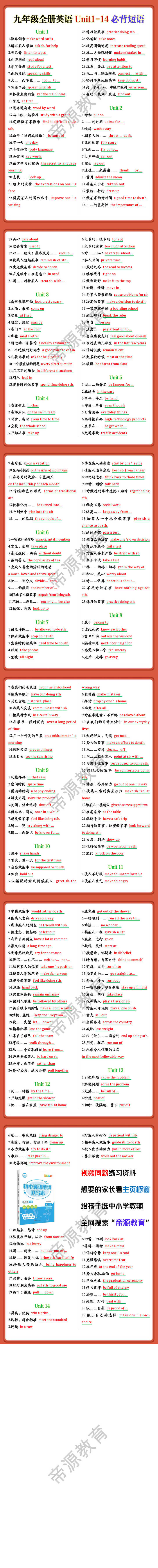 九年级全册英语Unit1-14必背短语