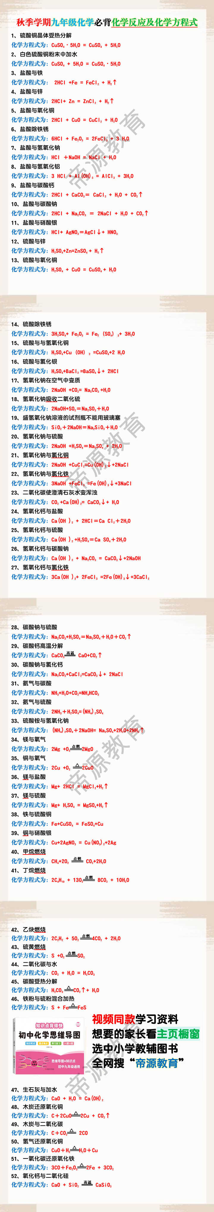 秋季学期九年级化学必背化学反应及化学方程式