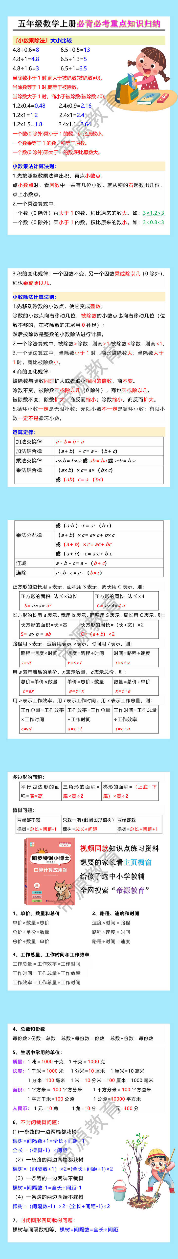 五年级数学上册必背必考重点知识归纳