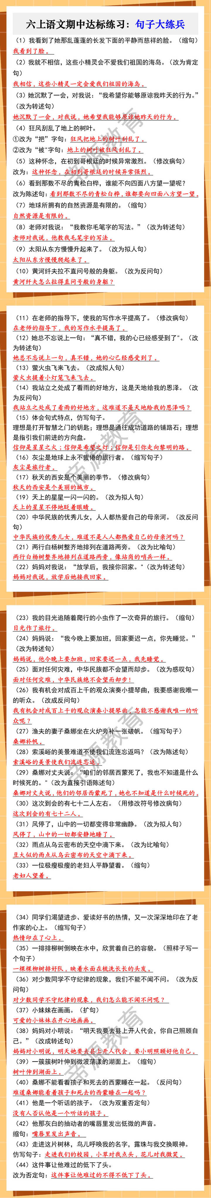 六上语文期中达标练习：句子大练兵