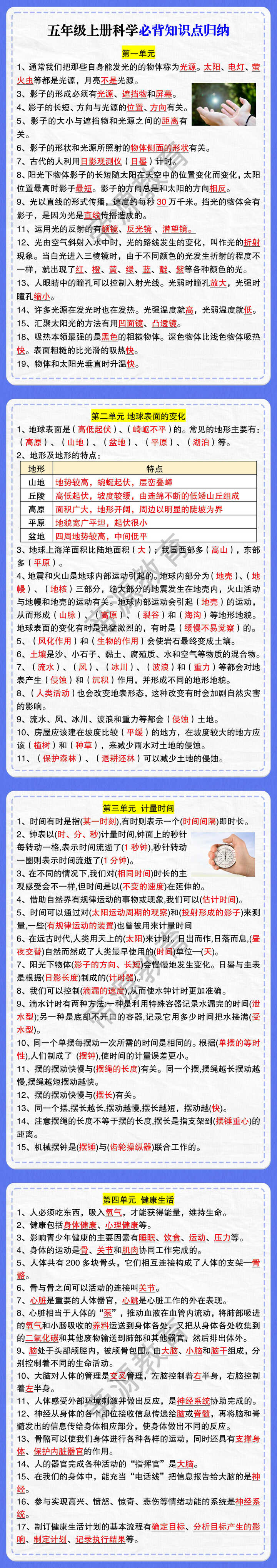五年级上册科学必背知识点归纳