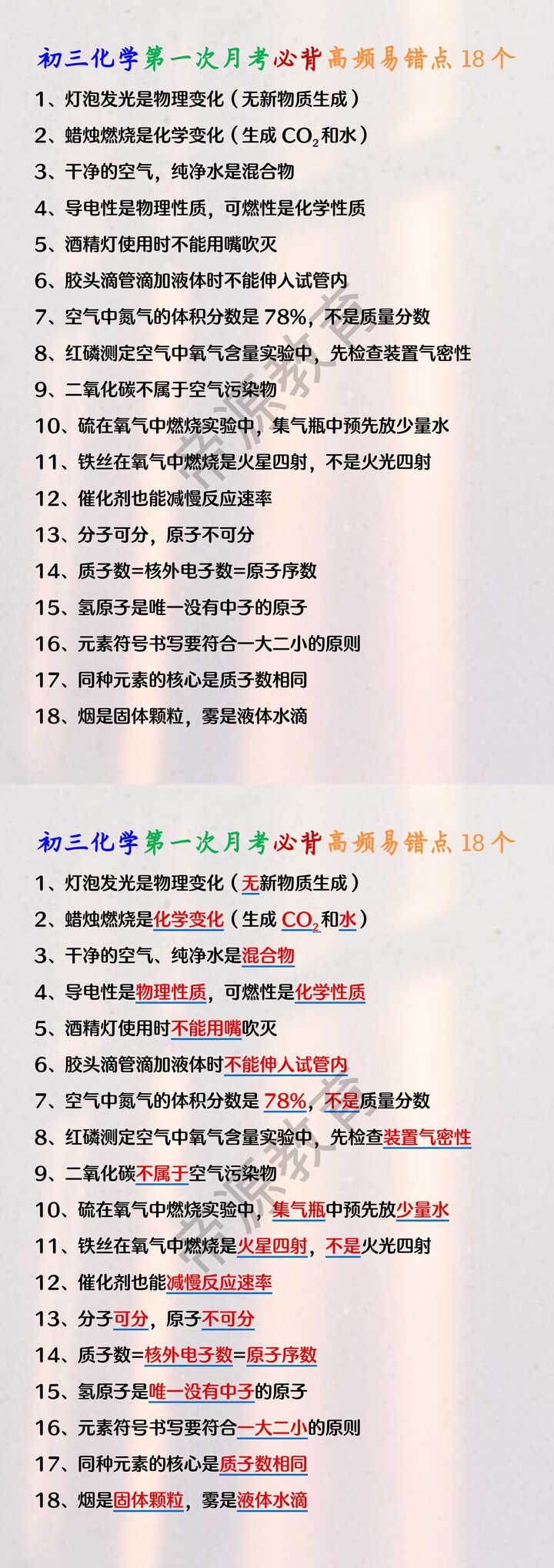 初三化学第一次月考必背高频易错点18个