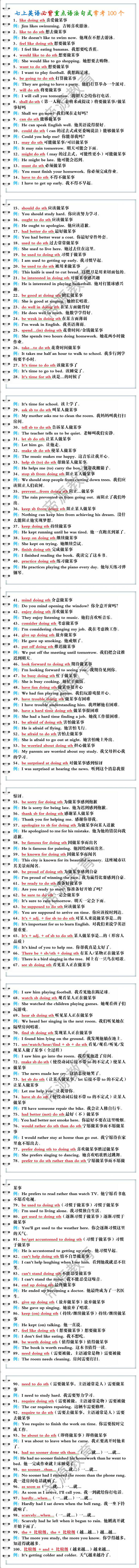 七上英语必背重点语法句式常考100个