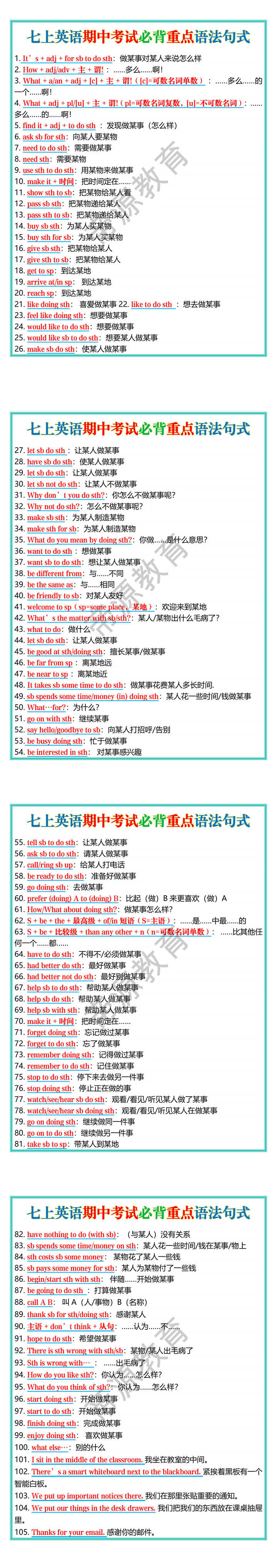 七上英语期中考试必背重点语法句式 七上英语期中考试必背重点语法句式