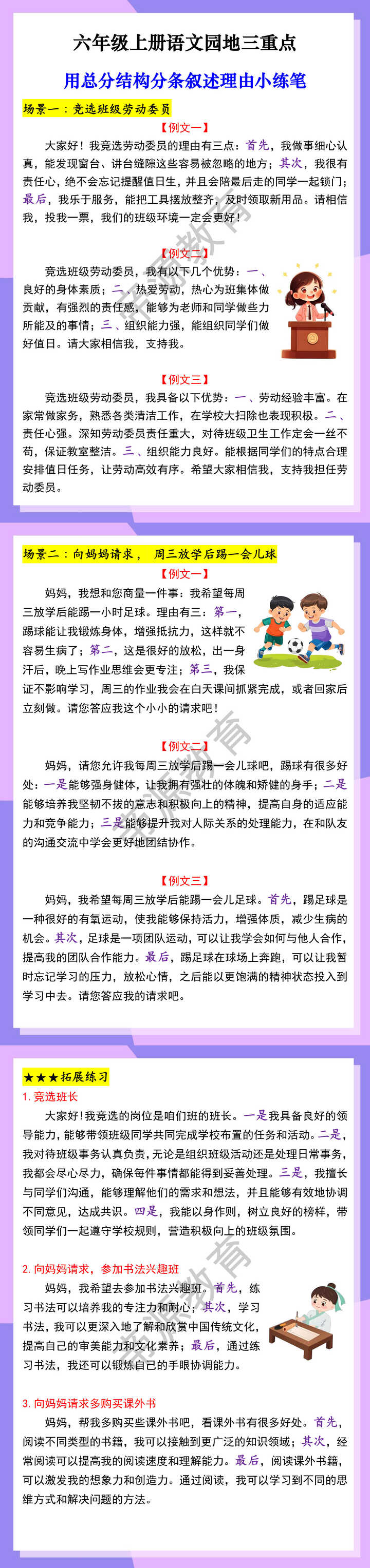 六年级上册语文园地三重点 用总分结构分条叙述理由小练笔