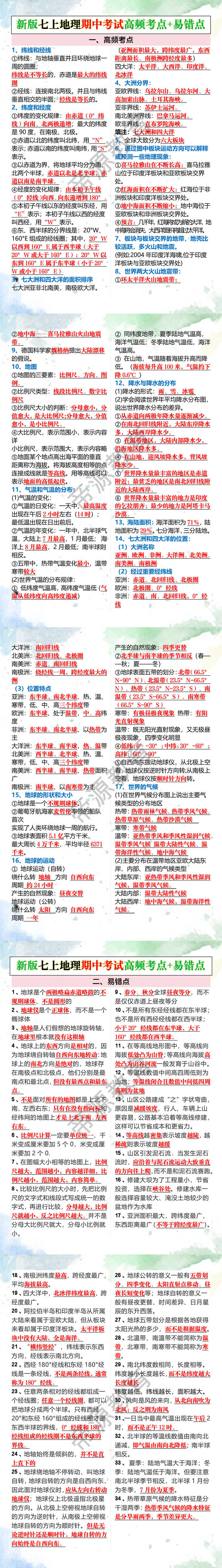 新版七上地理期中考试高频考点+易错点 新版七上地理期中考试高频考点+易错点