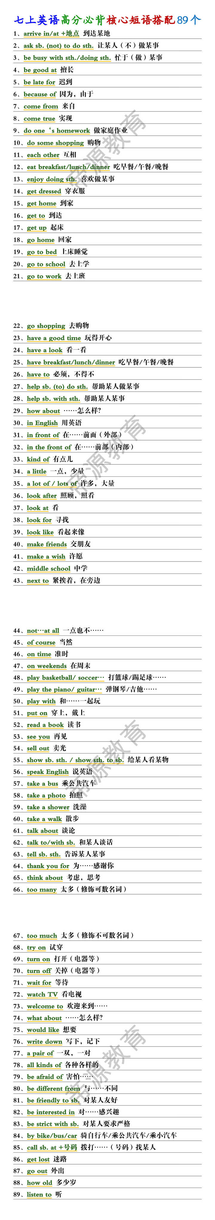 七上英语高分必背核心短语搭配89个