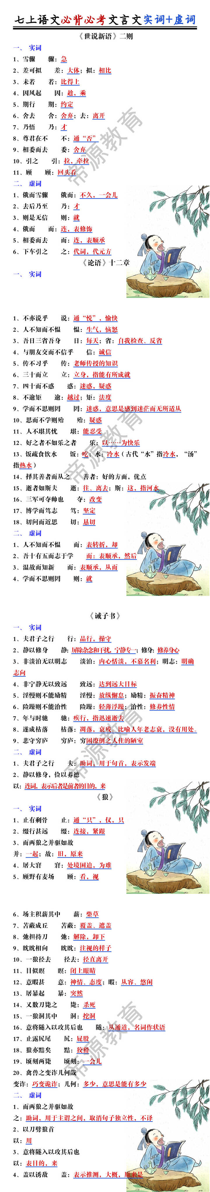 七上语文必背必考文言文实词+虚词