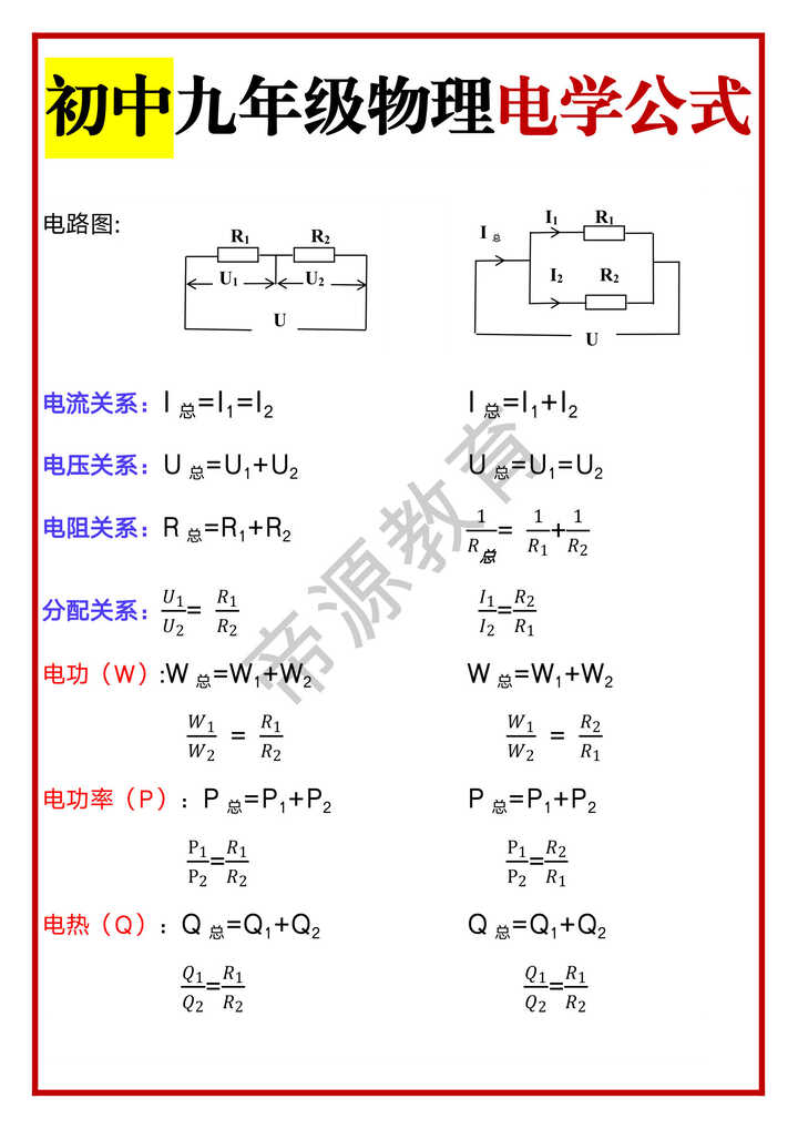 初中九年级物理电学公式 初中九年级物理电学公式