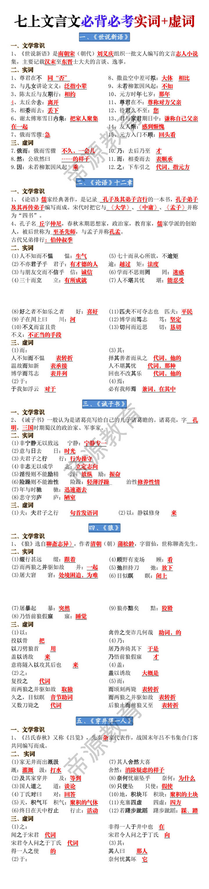 七年级上册文言文必背必考实词+虚词