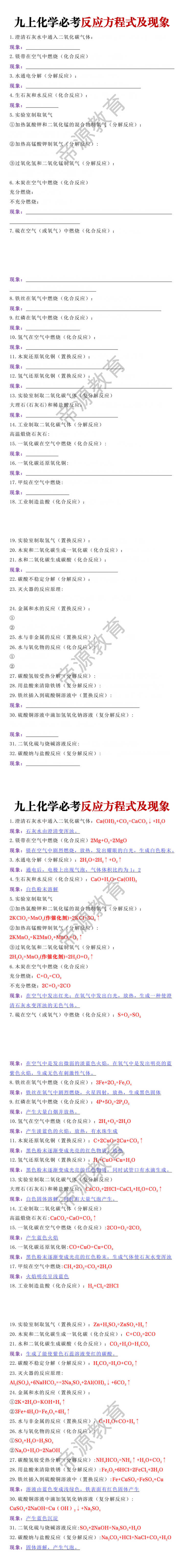 九年级上册化学必考反应方程式及现象