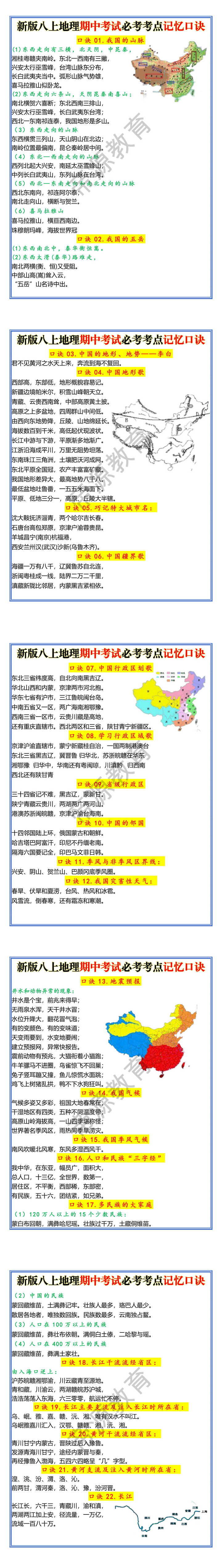 新版八上地理期中考试必考考点记忆口诀