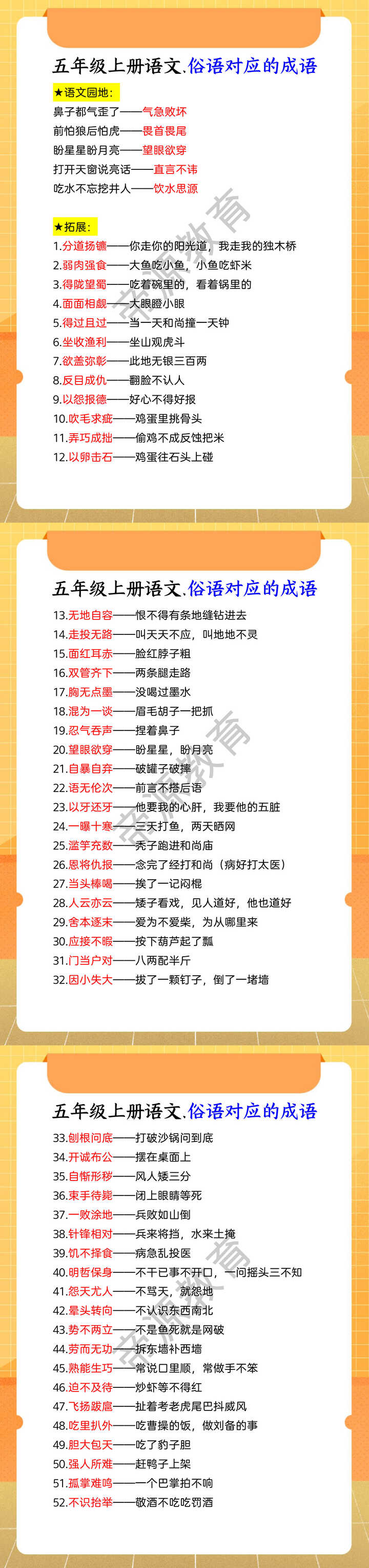 五年级上册语文.俗语对应的成语