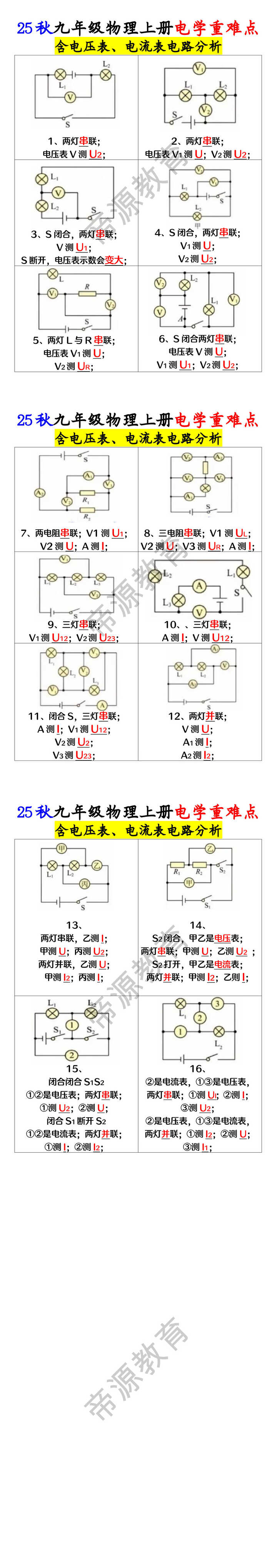 25秋九年级物理上册电学重难点：含电压表、电流表电路分析