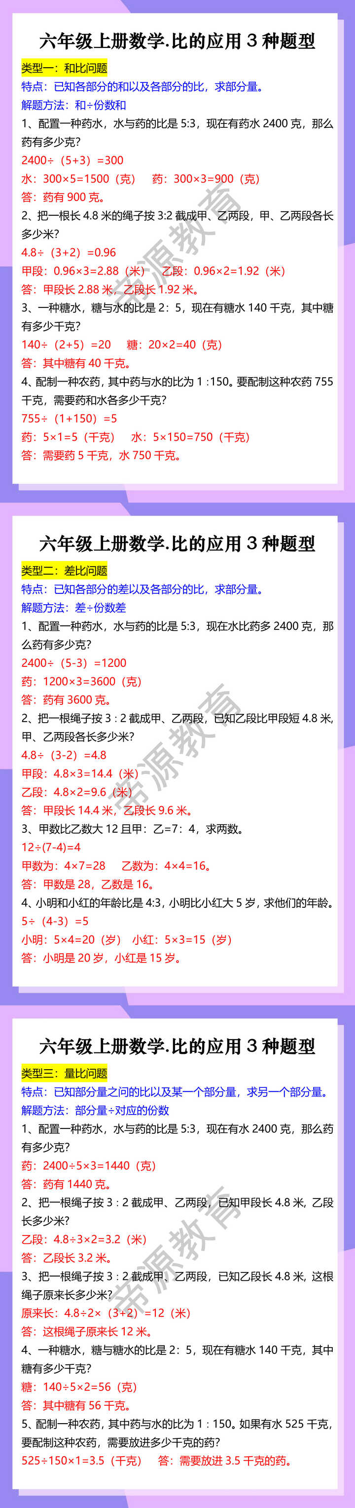 六年级上册数学.比的应用3种题型