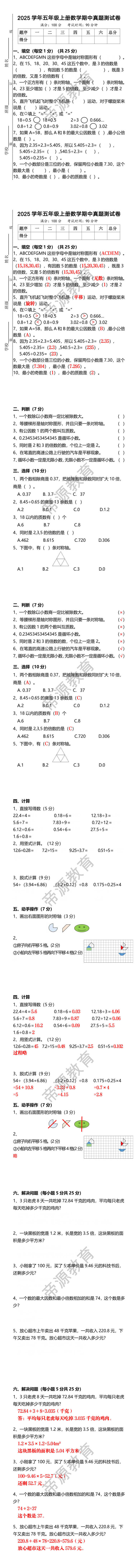 2025学年五年级上册数学期中真题测试卷带答案