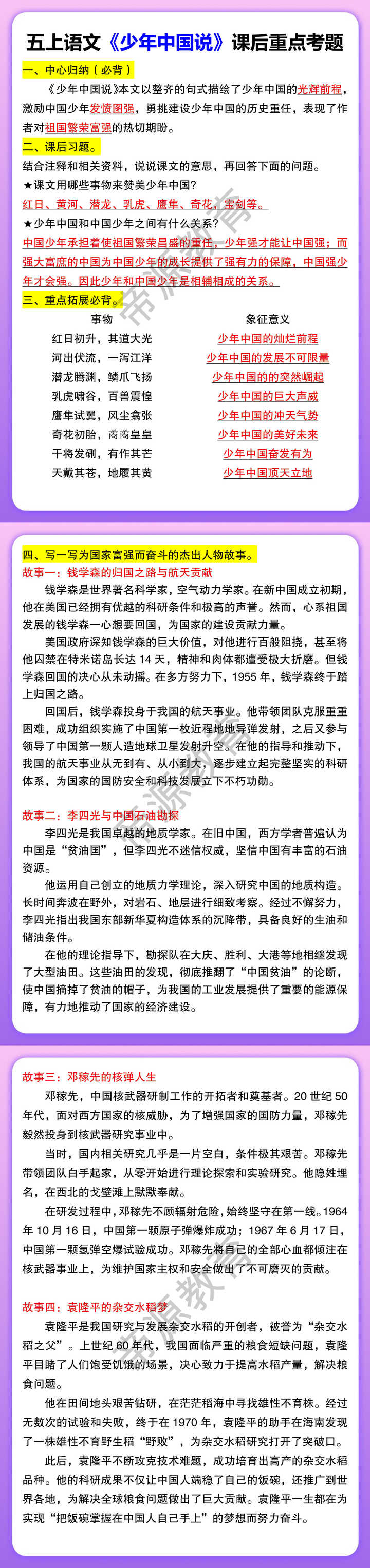 五上语文《少年中国说》课后重点考题 五上语文《少年中国说》课后重点考题