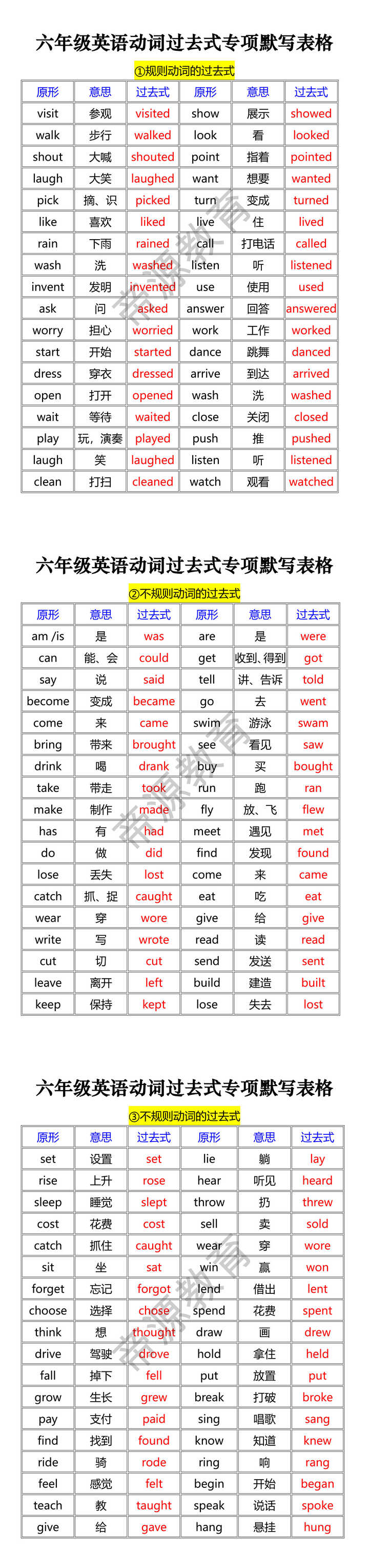 六年级英语动词过去式专项默写表格