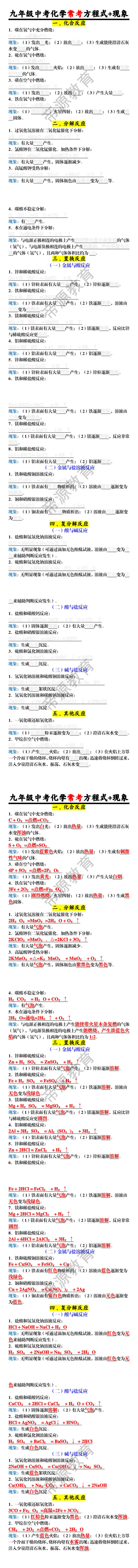 九年级中考化学常考方程式+现象
