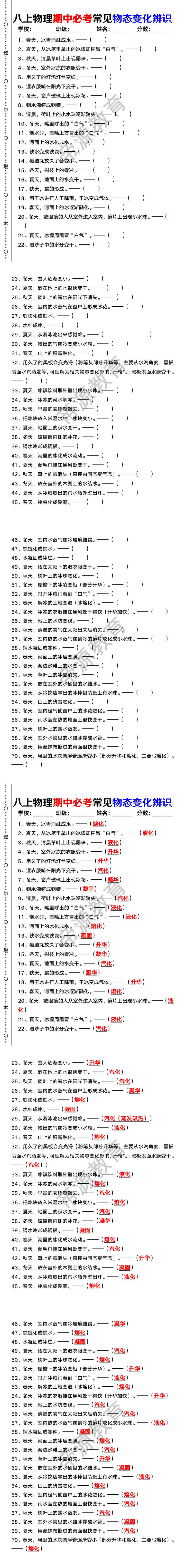 八上物理期中必考常见物态变化辨识 八上物理期中必考常见物态变化辨识