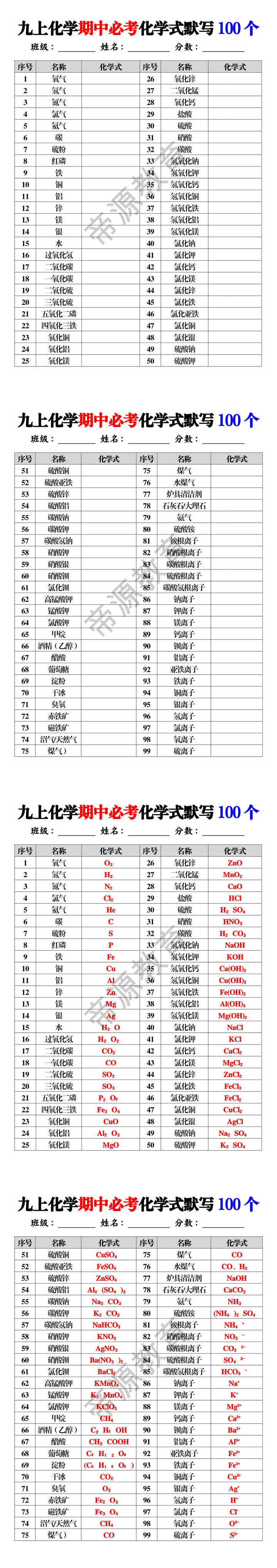 九上化学期中必考化学式默写100个