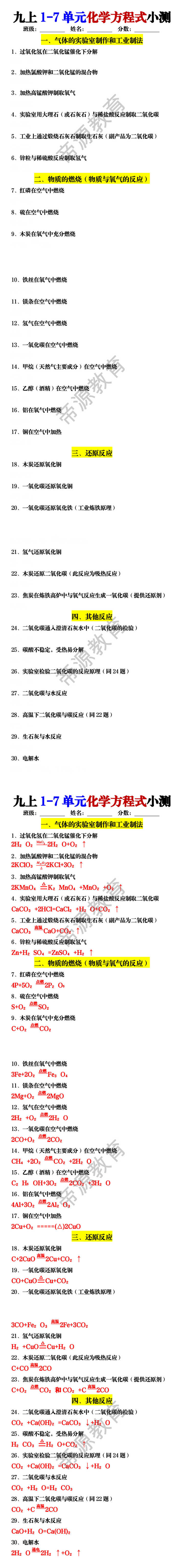 九年级化学上册1-7单元化学方程式小测