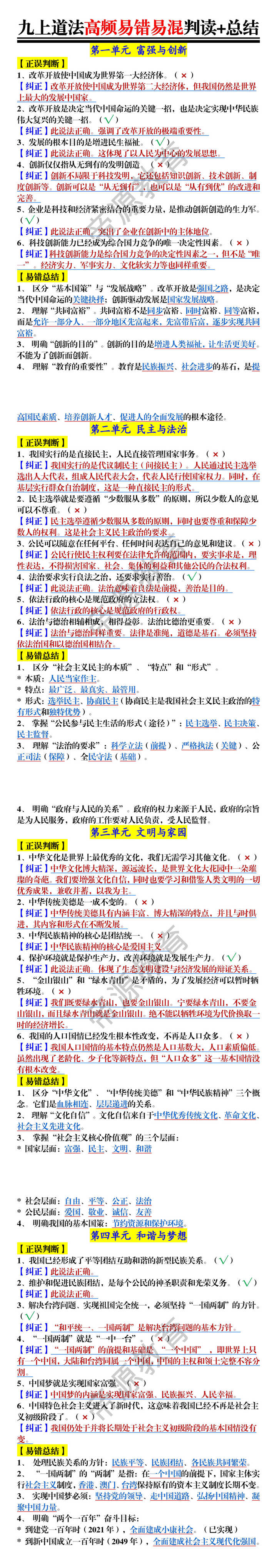 九上道法高频易错易混判读+总结