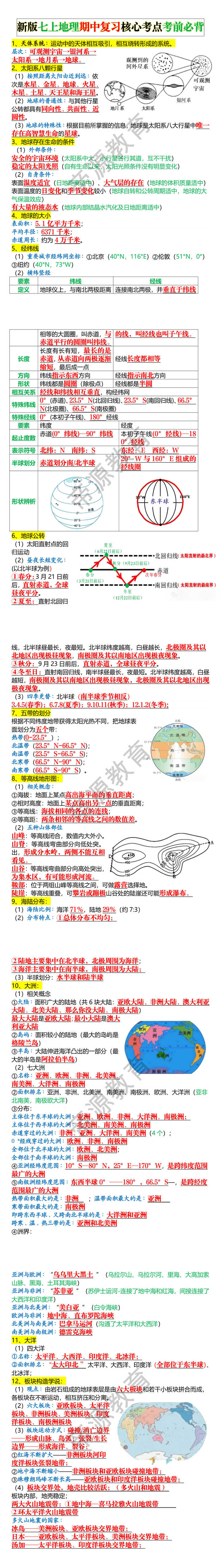 新版七上地理期中复习核心考点考前必背