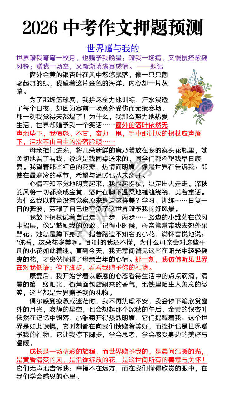 2026中考作文押题预测《世界赠与我的》