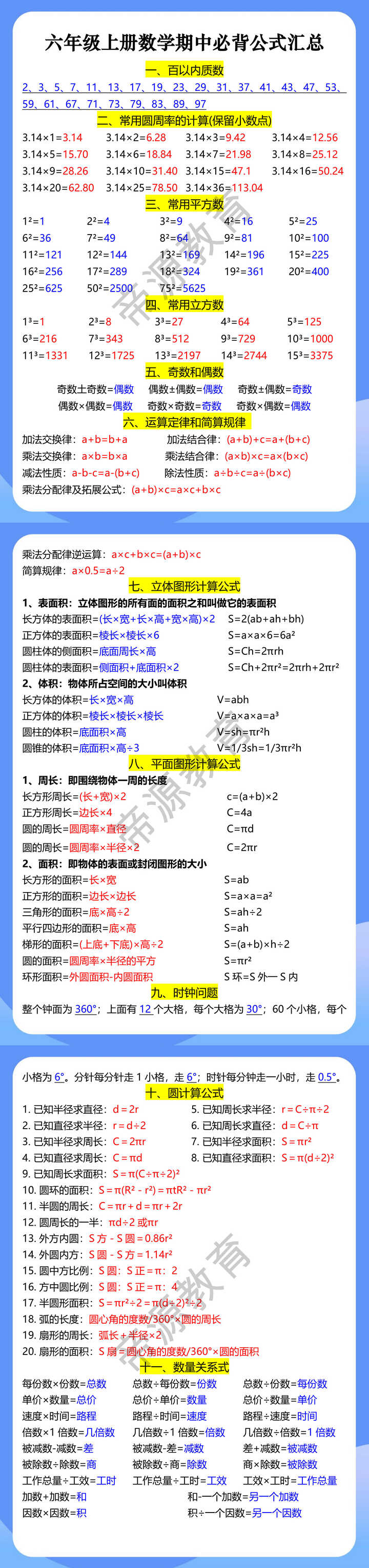 六年级上册数学期中必背公式汇总