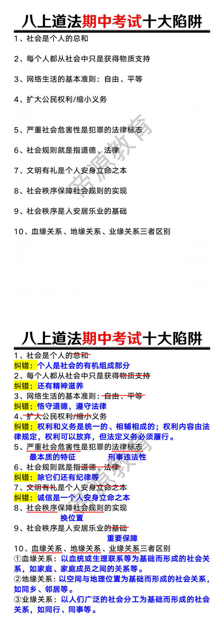 八年级道法上册期中考试十大陷阱