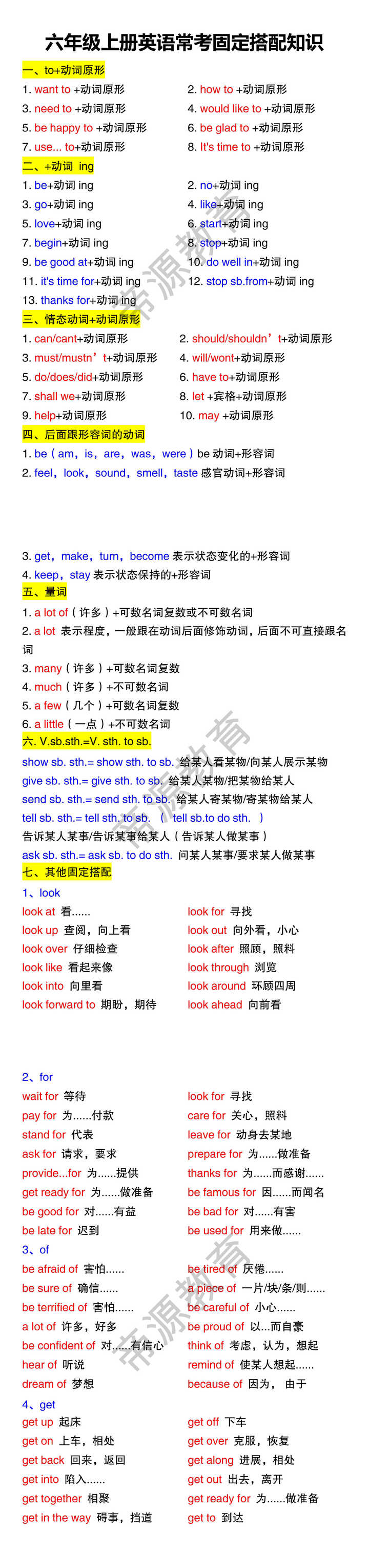 六年级上册英语常考固定搭配知识
