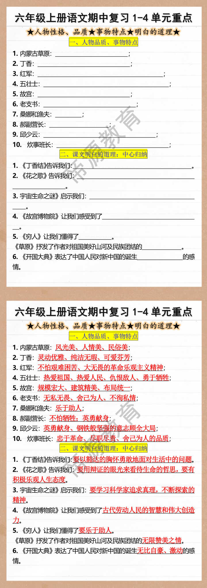 六年级上册语文期中复习1-4单元重点 六年级上册语文期中复习1-4单元重点