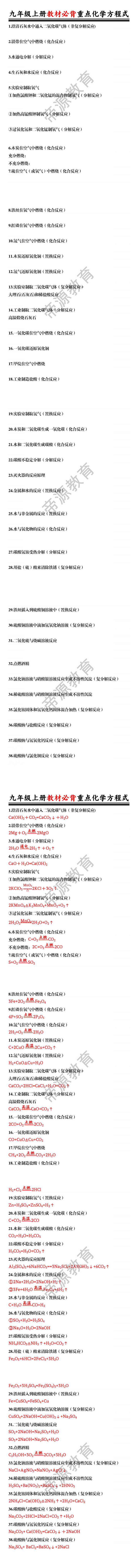 九年级上册教材必背重点化学方程式（空白+答案）