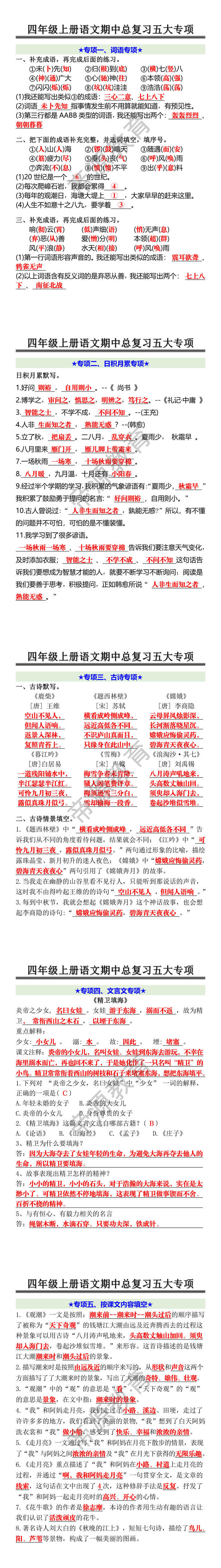 四年级上册语文期中总复习五大专项