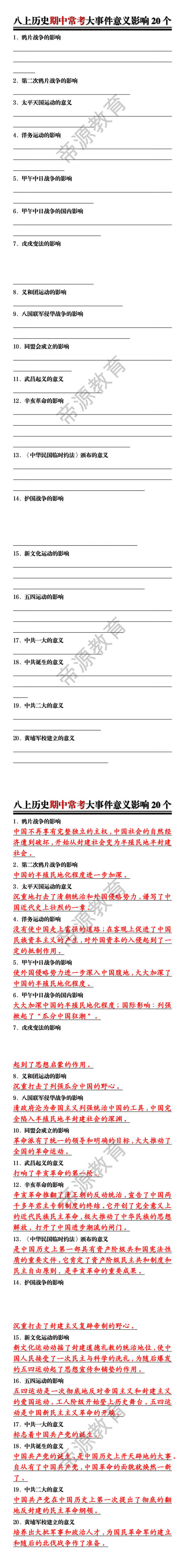 八上历史期中常考大事件意义影响20个